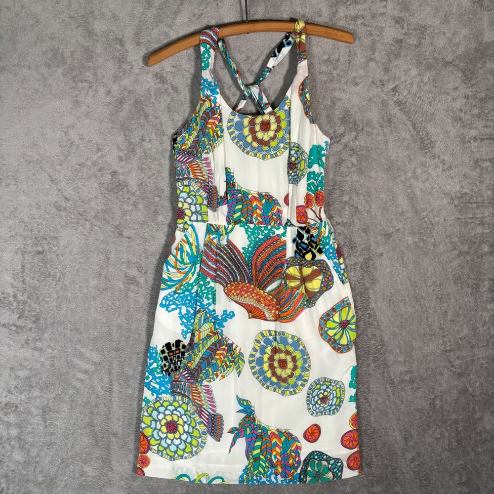 Banana‎ Republic x Trina Turk Silk Dress 0 White Psychedelic Floral Summer 2012